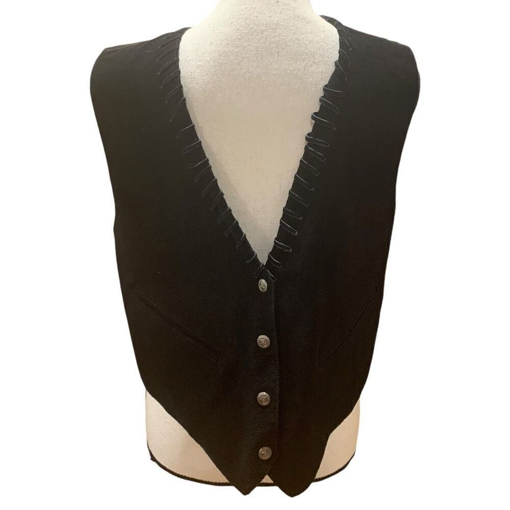 AJ Vintage Vest Leather Whipstitch Lined Silver Buttons Pockets Black Medium Men